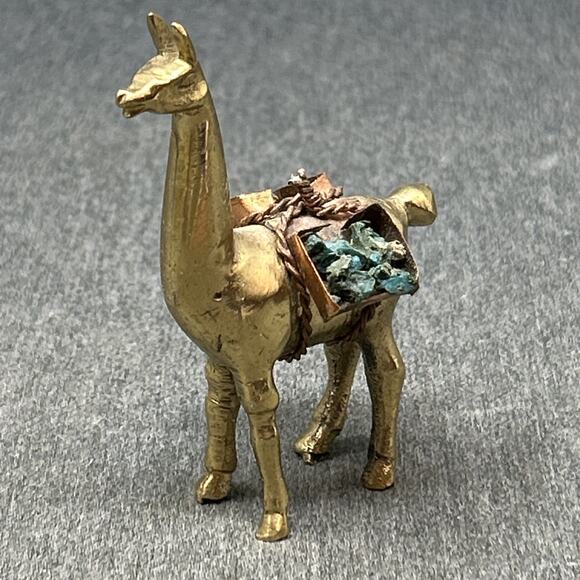 Other - Vintage Mini Brass Llama Figurine Copper Saddle Pack Holding Turquoise Stone 3"